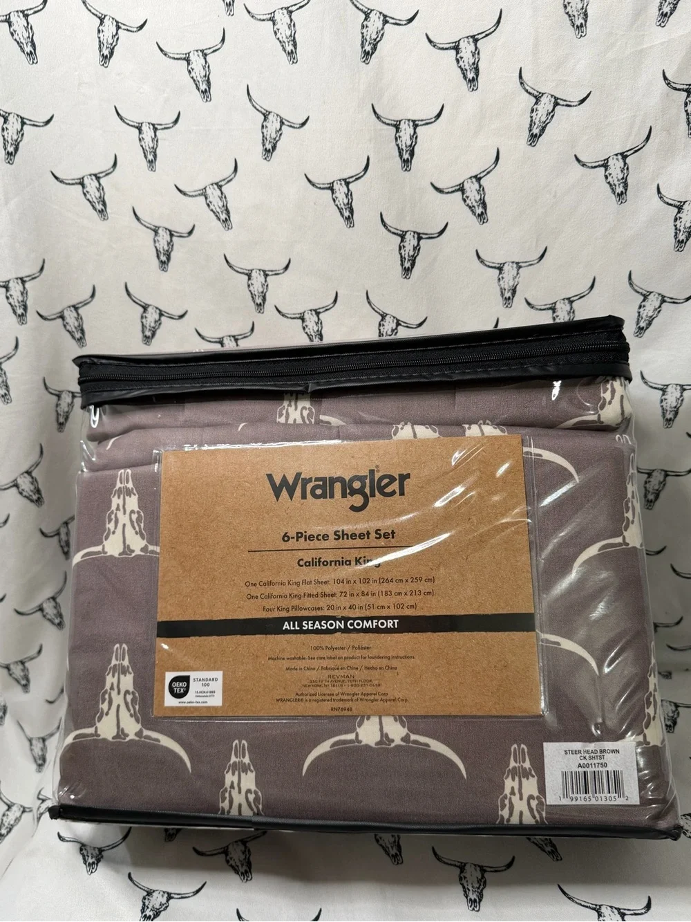 Wrangler California King 6-Piece Sheet Set — Taupe and Cream Skull Print